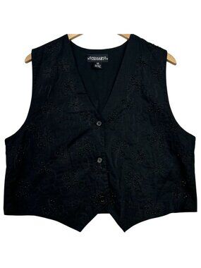 Sugar Women's Embroidery Beaded Button-Front Vest V Neck Size Medium Black Solid